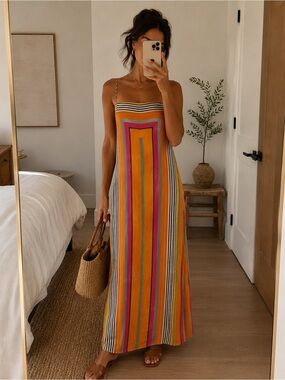 STAUD Laura Bayadere Stripe Linen Maxi Dress Colorful Resort Summer Multicolor M